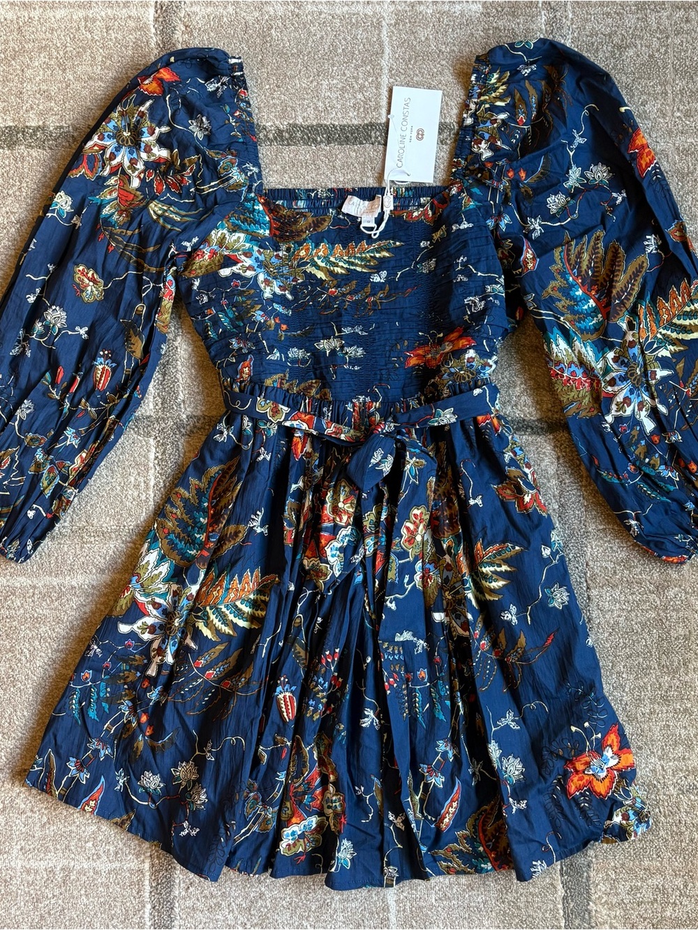 Caroline Constas navy floral print poplin mini dress square neck belted size S